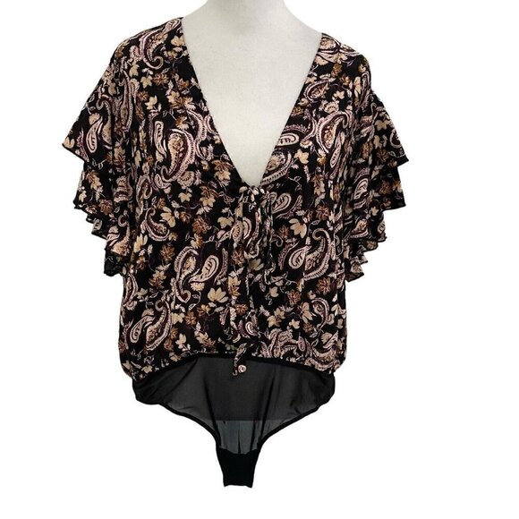 Free People Flutter Ruffle Sleeve Paisley Floral Bodysuit Top size Large - Picture 1 of 9